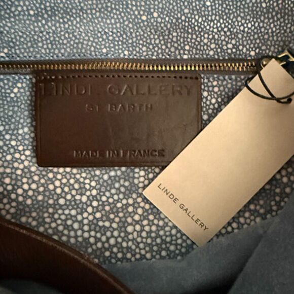 Linde Gallery St Barth Leather Blue Sparkle Large Shopping Tote Bag - Picture 6 of 13